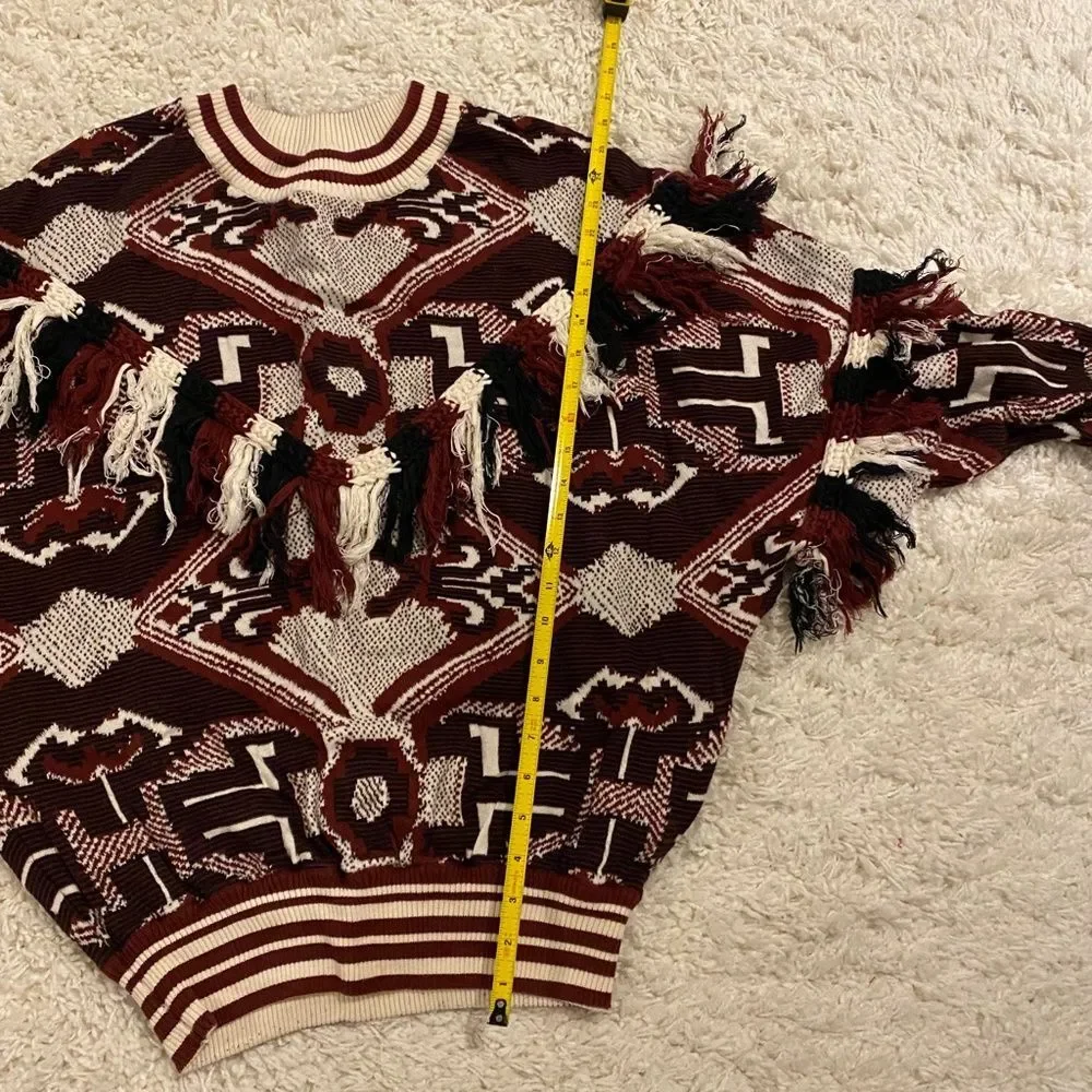 Zara Trafaluc Maroon Cream Aztec Tribal Intarsia Fringe Tassel Sweater Large